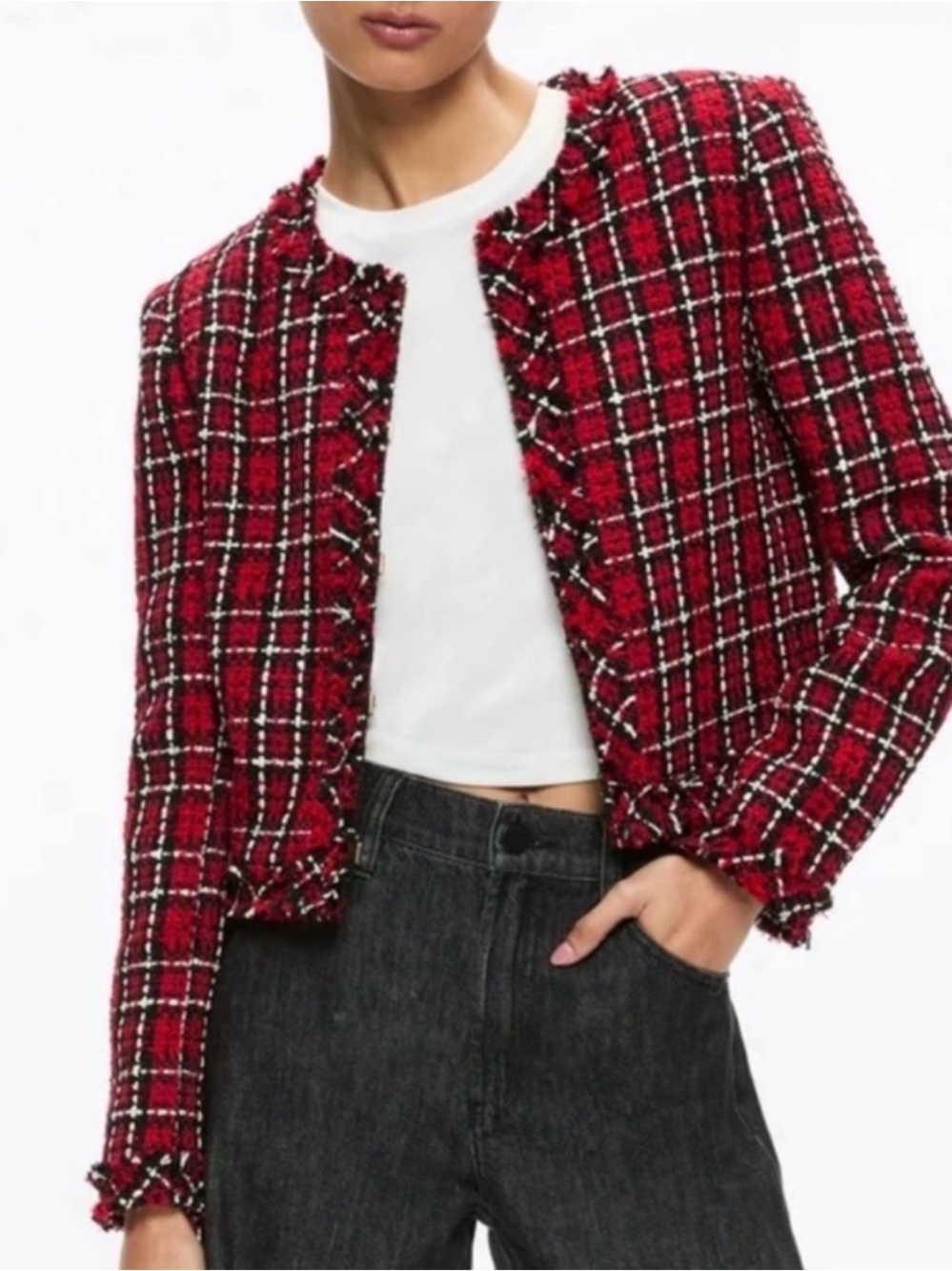 Alice + Olivia Red Plaid Tweed Open-Front Jacket